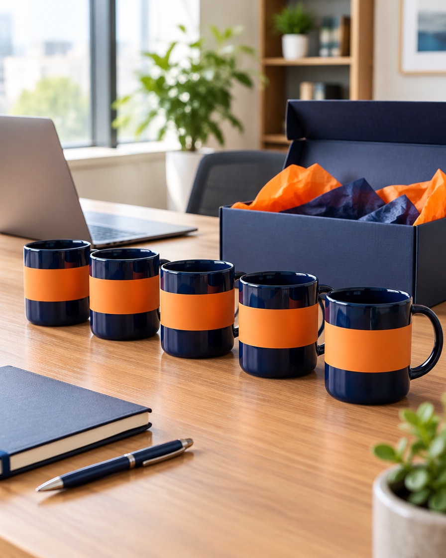 Canecas azul-marinho com faixa laranja sobre mesa de escritório