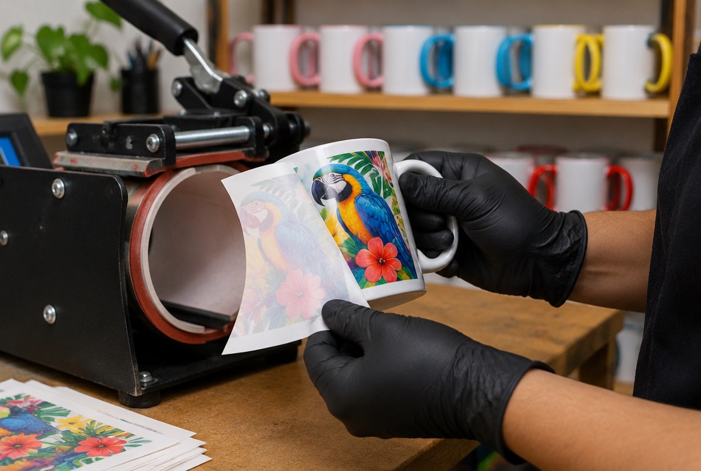 Caneca saindo da prensa de sublimação com a estampa aplicada