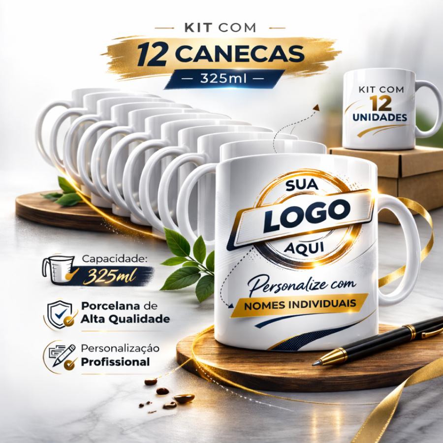 Kit 12 Canecas em Porcelana 325ml