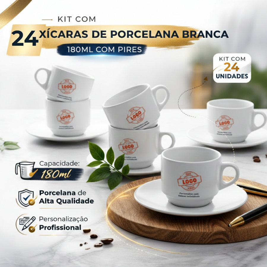 Kit 24 Xícaras de Porcelana Branca 180ml com Pires