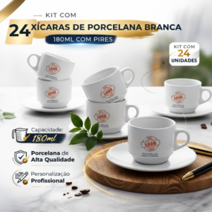 Kit 24 Xícaras de Porcelana Branca 180ml com Pires